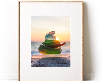 Seaglass Tree Pose - Fine Art Photography Print, Beach, Yoga, Calm Colorful, Sunset, Ocean, Sand, Gift, Wall Art, Home Decor, Coastal Love