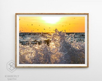 Sunset Splash - Glowing Golden Yellow Gray Water Ocean Wave, Fine Art Photography Print, Metal Wall Decor Beach Home Minimal Modern Boho