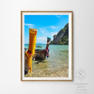 Island Longtails Thailand Wood Boats Fine Art Photography Print, Metal, Canvas, Travel Large Tropical Colorful Blue Sky Clear Water Zen image 1