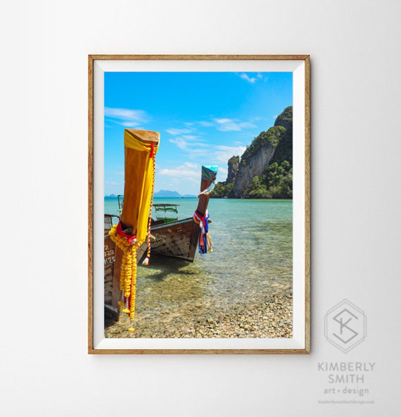 Island Longtails Thailand Wood Boats Fine Art Photography Print, Metal, Canvas, Travel Large Tropical Colorful Blue Sky Clear Water Zen image 1