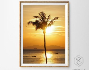 Longtails Racing - Palm Tree Golden Hour Thailand Fine Art Photography Print, Modern Minimal Coastal Wall Home Decor Yoga Zen Ocean Sunset