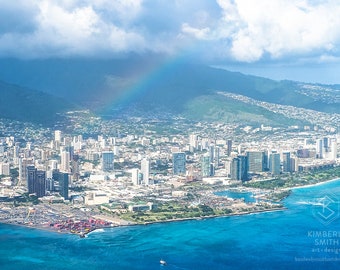 Rainbow Over Honolulu Oahu Hawaii - Aerial Fine Art Photo Print Wall Art Home Decor, Colorful Calm Blue Spa Tropical Beach Ocean Cityscape