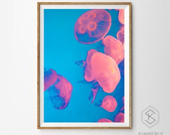 Electric Sea Jellies - Pink Blue Jellyfish Fine Art Photo Print, Metal, Canvas, Inspiring Minimal Large Wall Art Coastal Home Decor Zen Boho