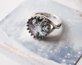Custom Handmade Antiqued Silver Adjustable Size Ring - Real Snowflake Photography- Round Crown Bezel 14mm- Colorful Fine Art Jewelry Gift