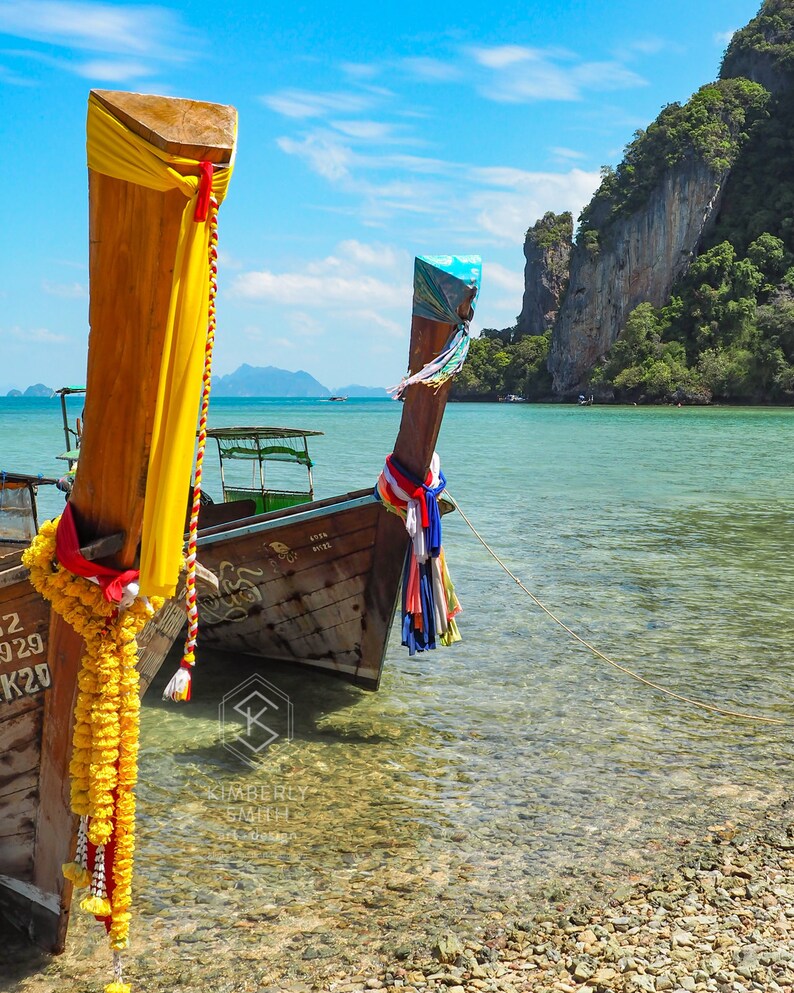 Island Longtails Thailand Wood Boats Fine Art Photography Print, Metal, Canvas, Travel Large Tropical Colorful Blue Sky Clear Water Zen image 2
