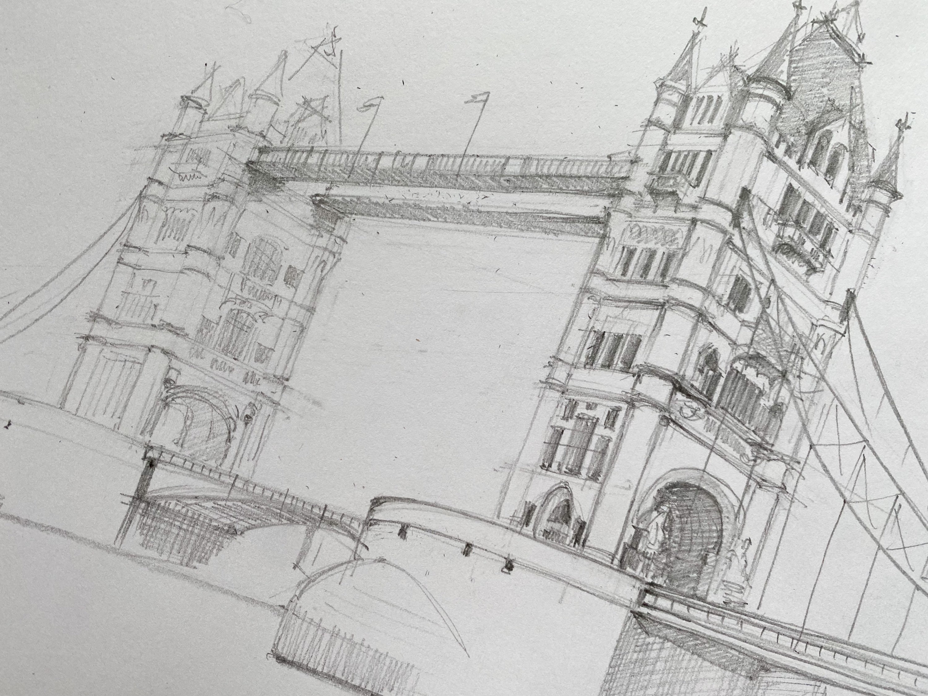 Iconic Tower Bridge Pencil Drawing with 'Girl with a Dolphin' Fountain.  London Print- LONDON ARTIST | M.RODWELL