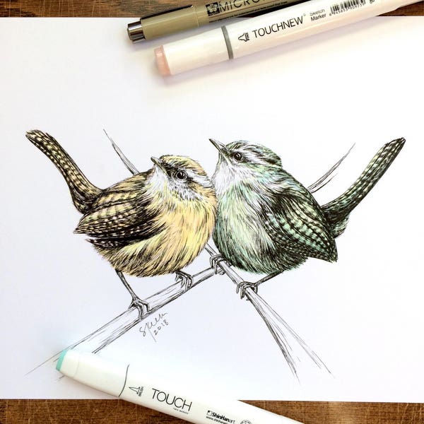 ART PRINT - hand signed: from Original Pen & Ink Illustration - Bird Love