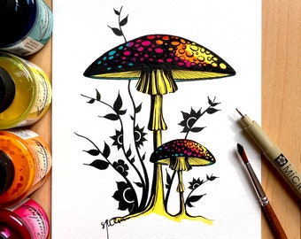 ART PRINT - hand signed: from Original Drawing - "Rainbow Mushrooms”