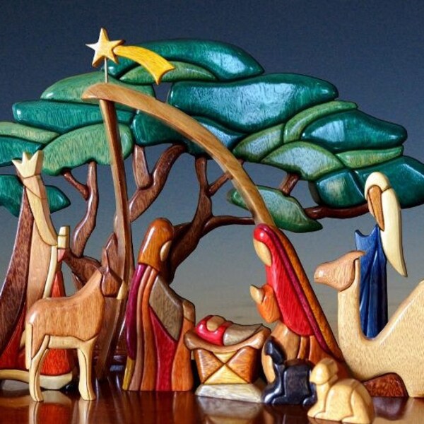 14 pcs - Classic Wooden Nativity Set/Nativity Scene (Not included: Large Green Tree, Camel, Crèche with star)