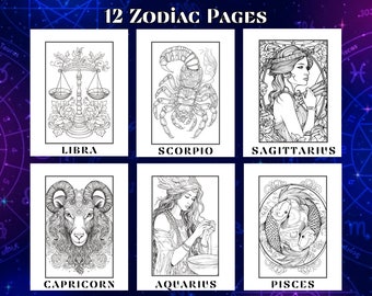 May include: A set of 12 printable coloring pages featuring zodiac signs. Each page includes a detailed illustration of a zodiac sign, such as Libra, Scorpio, Sagittarius, Capricorn, Aquarius, and Pisces.