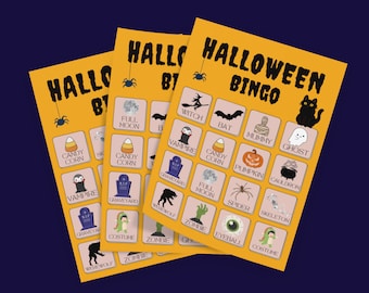 Può includere: Quattro carte da bingo di Halloween arancioni e rosa con varie icone di Halloween, tra cui una strega, un pipistrello, una mummia, un fantasma, mais dolce, una zucca, un calderone, luna piena, un ragno, uno scheletro, un lupo mannaro, uno zombie, un cimitero e un costume.