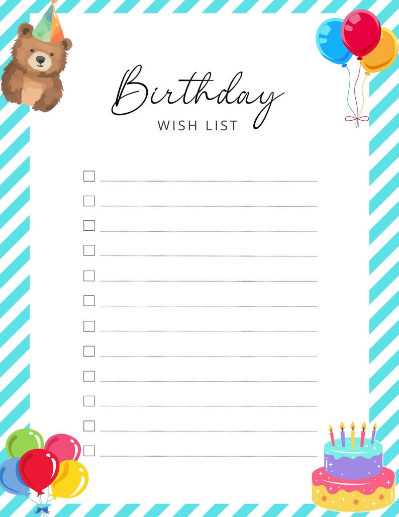 Printable Birthday List, Birthday Wish List, Birthday Gift List