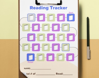 Op de afbeelding: Een printbare lees-tracker-kaart met een pad van boekpictogrammen om in te kleuren terwijl boeken worden gelezen. De kaart heeft een start- en eindsectie en een ruimte om de naam van de lezer, het totale aantal gelezen boeken en het aantal gelezen boeken te schrijven.