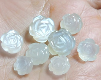 Carved Moonstone Flowers 8 Pcs  Natural White Moonstone Carved Flowers Carved Roses Size 9 - 14 MM