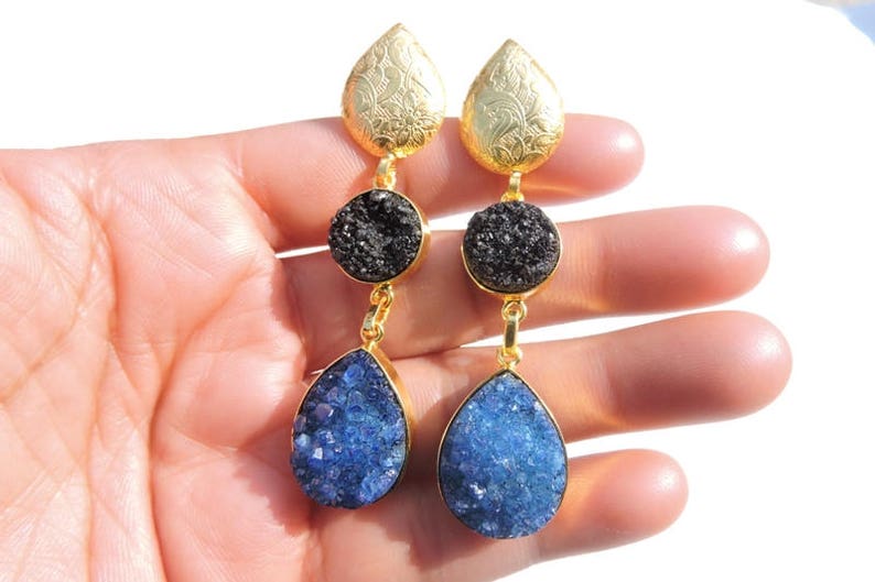 ON SALE 22 Kt Gold Polished Natural Sparkling Druzy Earrings Pair Dangle Earrings Druzy Gemstone Earrings Pair