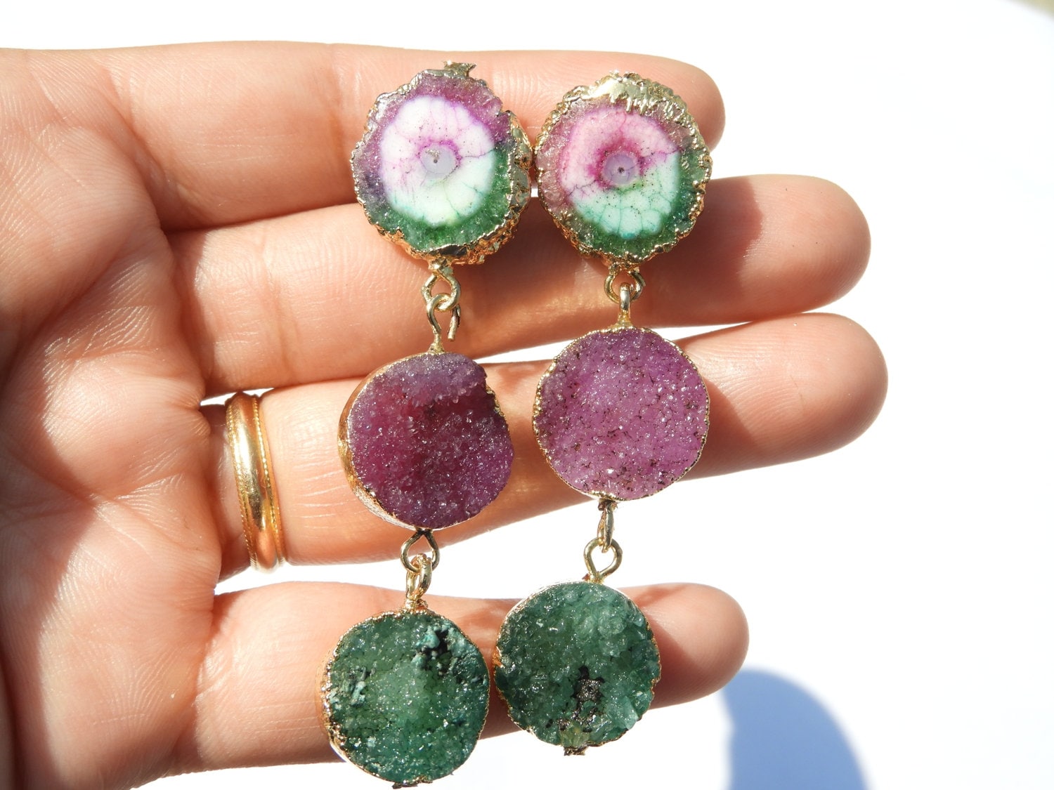 Druzy Earrings Natural Solar Quartz Druzy Earrings 22 Kt Gold Etsy