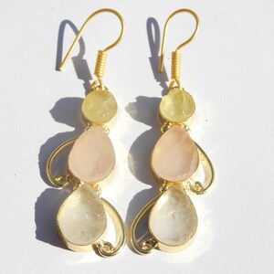 Raw Gemstone Earrings Natural Rough Earrings Rose Quartz Earrings And Lemon Topaz Gemstone Earrings Gift For Her