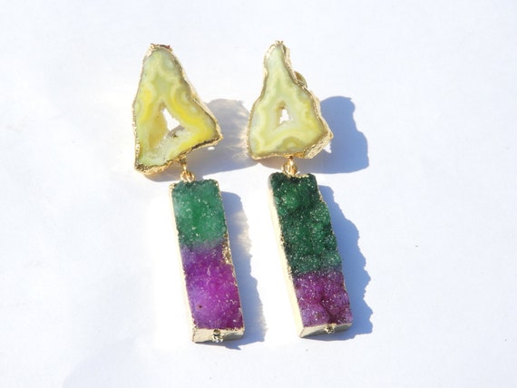 Boucles D'oreilles Quartz Druzy - Métal Doré - Occasion Bon état - Fermoir Clous