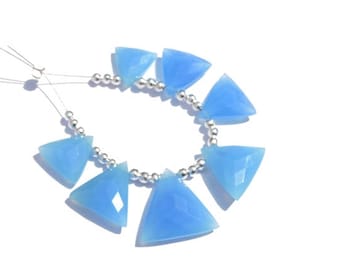 7 Pcs  Natural Neon Blue Chalcedony Faceted Trillion Shaped Beads Size 20 - 13 MM