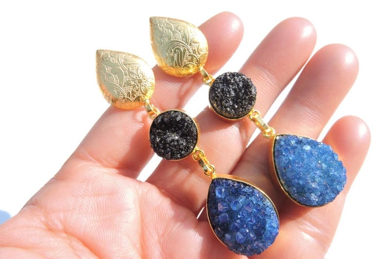 ON SALE 22 Kt Gold Polished Natural Sparkling Druzy Earrings Pair Dangle Earrings Druzy Gemstone Earrings Pair