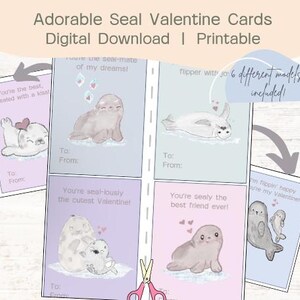 Tarjetas de San Valentín con focas para imprimir para niños / Tarjetas de San Valentín con motivos marinos / Lindos diseños de focas para amantes de las focas o del océano