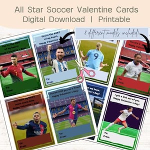 8 All Star Soccer Valentine Cards | Messi Valentine Card | Ronaldo Valentine Card | Sports Valentine Cards | Lionel Valentine Card