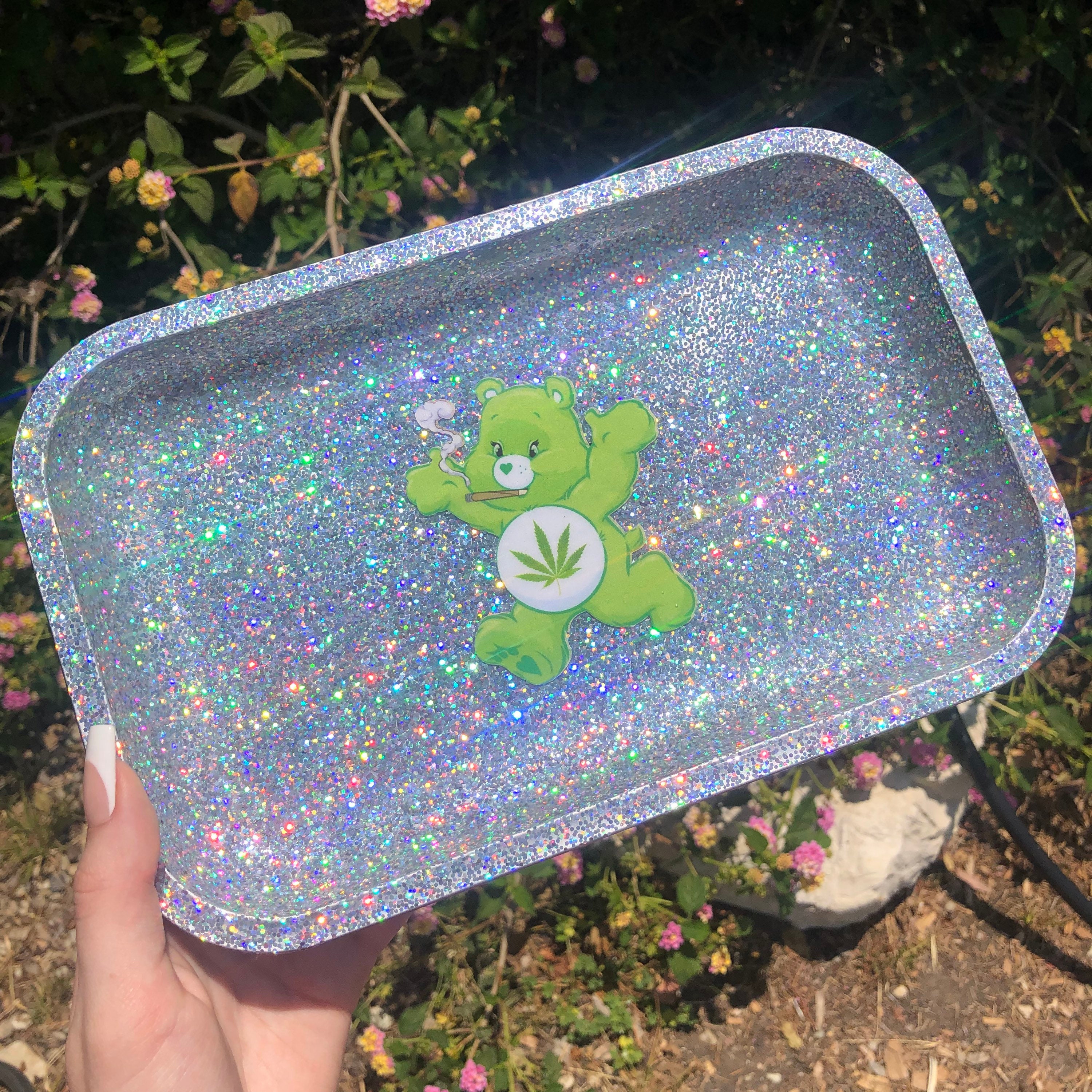 Green Carebear Glitter Rolling Tray | Cute Stoner Girl Tray | Smoke  Accessories