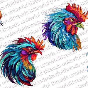 May include: Four colorful rooster heads with intricate patterns and vibrant colors, including blue, red, orange, and green.