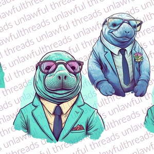 Manatee wearing glasses in a suit smiling  FOUR clear png files 3600x3600