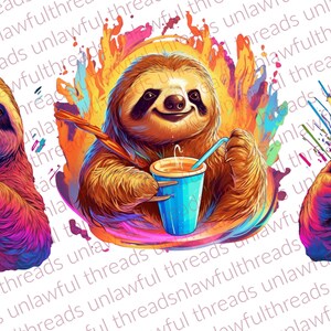Sloth coffee straw colorful   THREE   clear png files 3600x3600