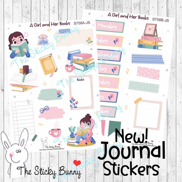 Una Ragazza ed i suoi Libri - Adesivi per Planners, Bullet Journals, Diari, Agende Creative, Scrapbooking & Altro (S758)