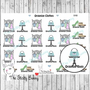 May include: A sheet of stickers with the text "Organize Clothes" and illustrations of clothing racks, purses, and shoes. The stickers are in pastel colors and include the text "Organize Closet", "Organize Bags", and "Organize Shoes".