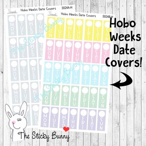 Può includere: Fogli di adesivi colorati per planner con i giorni della settimana, da lunedì a domenica. Gli adesivi sono in tonalità pastello di rosa, blu, verde e giallo. È visibile anche il testo "Hobo Weeks Date Covers!"