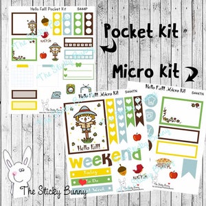 May include: Two sticker sheets labeled Hello Fall Pocket Kit S444P and Hello Fall Micro Kit S444TN. The sheets feature autumn-themed illustrations including scarecrows, acorns, apples, and pies, alongside various functional boxes, checklists, and icons.
