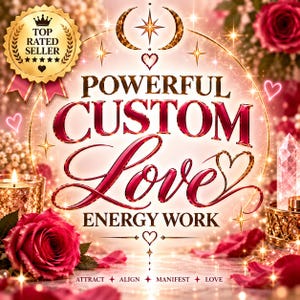 Puede incluir: Un gráfico digital con el texto POWERFUL CUSTOM LOVE ENERGY WORK y las palabras ATTRACT ALIGN MANIFEST LOVE en la parte inferior. El diseño incluye un sello dorado que dice TOP RATED SELLER, rosas rojas, un cristal y destellos.