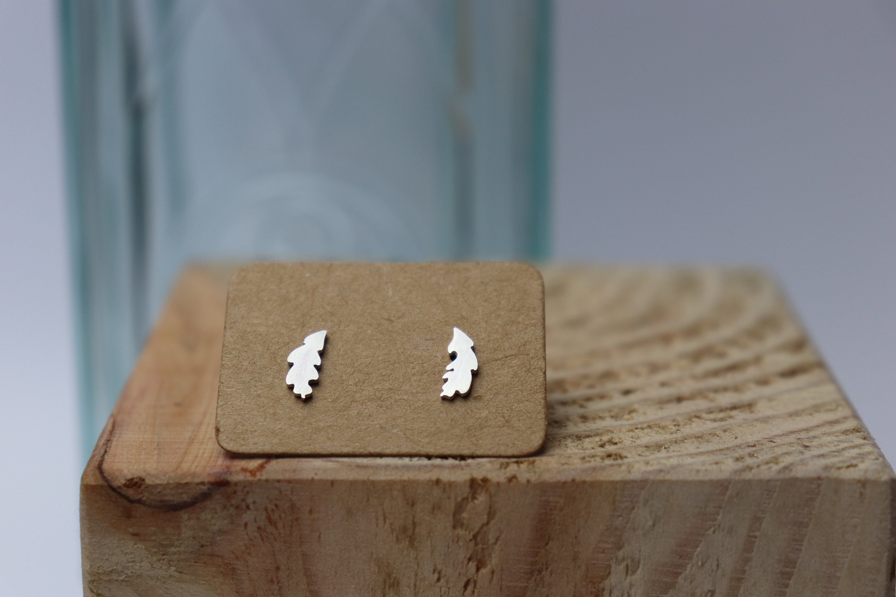 Tiny Silver Oak Leaf Studs, silver studs, leaf earrings, oak leaf jewellery, nature jewellery, satin finish, nature geek, plant gifts, leaf