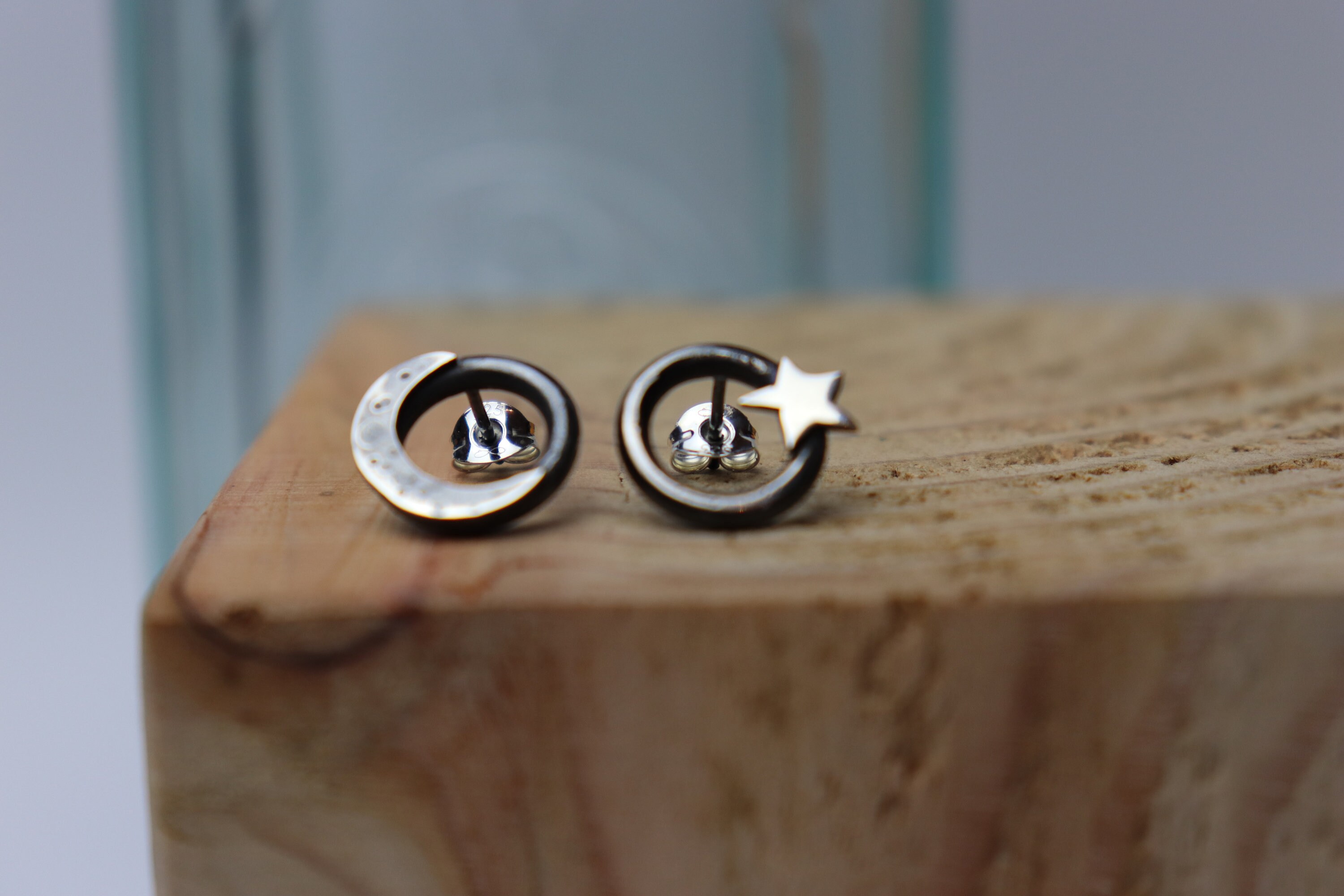 Silver Star and Moon Earrings, Nature Jewellery, Space Earrings, La Luna, Celestial Jewellery, Silver studs, Stars, Moon, oxidised jewellery