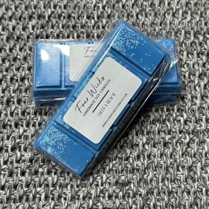 May include: Two blue wax melts in clear packaging. The wax melts are square and have a white label that says "Four Wicks Handmade Soy Candles It's a Beach www.fourwickssoycandles.com".
