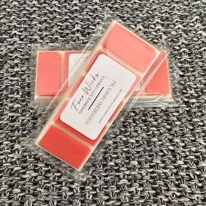 May include: Two packs of handmade soy wax melts in a strawberry shortcake scent. The wax melts are packaged in clear plastic with a white label that says "Four Wicks Handmade Soy Candles Strawberry Shortcake: www.fourwicksoycandles.com"
