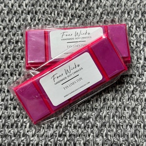 May include: Two pink and red soy wax melts with the text "Four Wicks Handmade Soy Candles Tan Lines Type" and the website address "www.fourwicksoycandles.com".