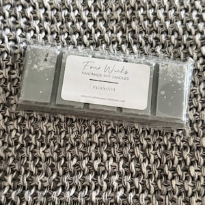 May include: A package of handmade soy wax melts from Four Wicks, in a rectangular shape. The wax melts are a light gray color with white speckles. The label reads "Palo Santo". The background is a gray and white knitted fabric.