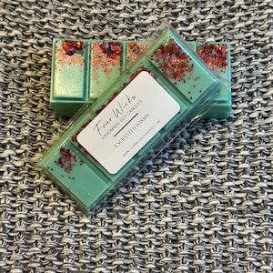 May include: A teal green wax melt with red glitter, packaged in clear plastic. The label reads "Four Wicks Handmade Soy Candles Enchanted Woods www.fourwickssoycandles.com"
