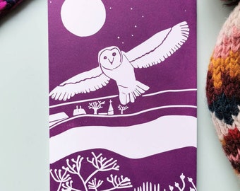 Full Moon and Barn Owl over Oare Marshes Nature Reserve Linocut Card - Handprinted Faversham Kent Linoprint Card
