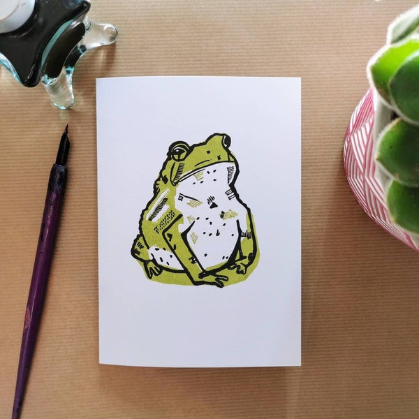 Toad Linocut Card - Handprinted Amphibian in Linoprint Greeting Card - Handmade Card