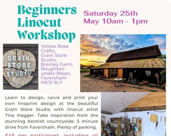 Beginners Linocut Workshop - 3 hours in person at the beautiful Grain Store Studio nr Faversham, Kent - Saturday 25th May 2024 10am-1pm