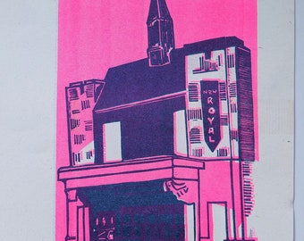 Riso Cinema Building Prints - 1930s Cinema - Movies Pictures Flicks - Faversham Kent - Pink
