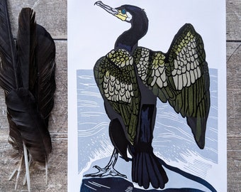 Sea Raven Cormorant Original Linocut Print: Limited Edition Sea Bird Art
