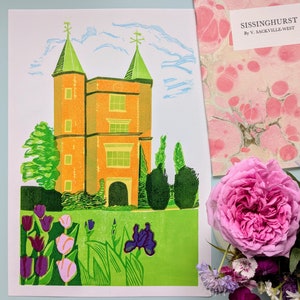 Sissinghurst Castle Handprinted Linocut Print - Home of Vita Sackville-West - Handmade Art - Limited Edition