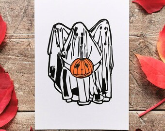 Ghosts and Pumpkin Linocut Print - Spooky Trick or Treat Handprinted Linoprint - Limited Edition