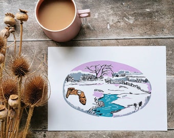 Short-Eared Owl over the Marshes  Original Handprinted Linocut Print - Oare Marshes Landscape Linoprint - Limited Edition